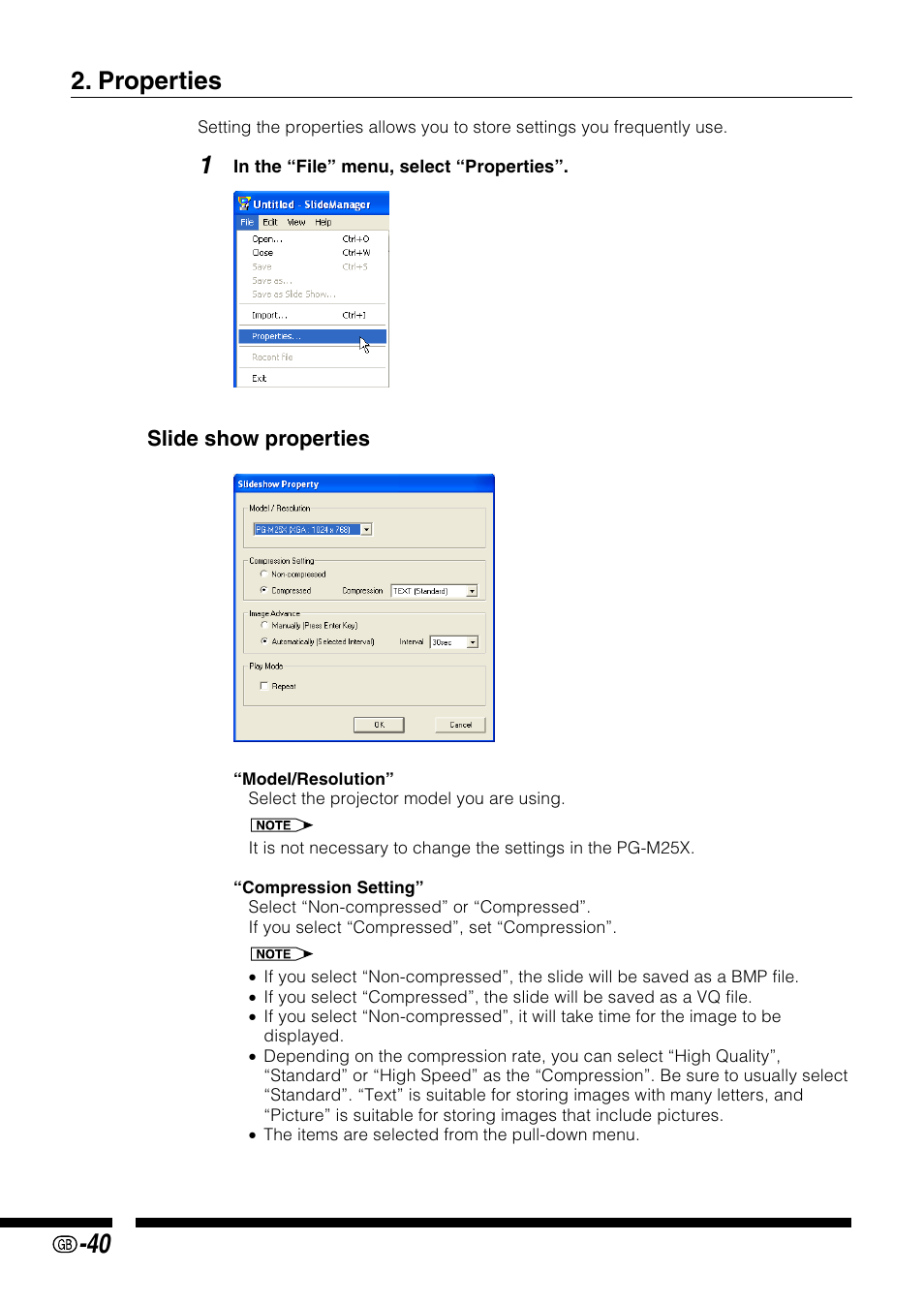 Properties | Sharp PG-M25X User Manual | Page 40 / 62