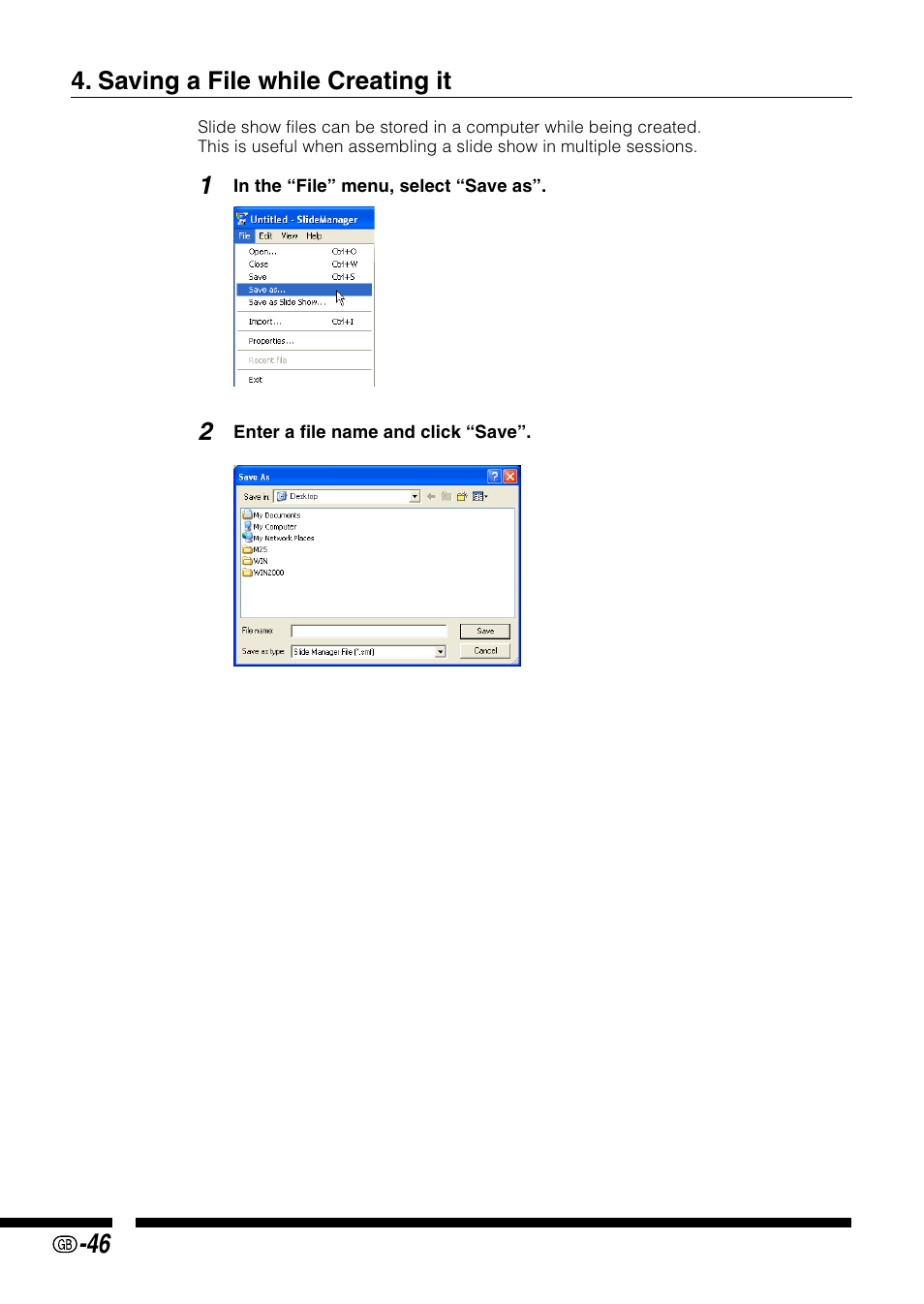 Saving a file while creating it | Sharp PG-M25X User Manual | Page 46 / 62