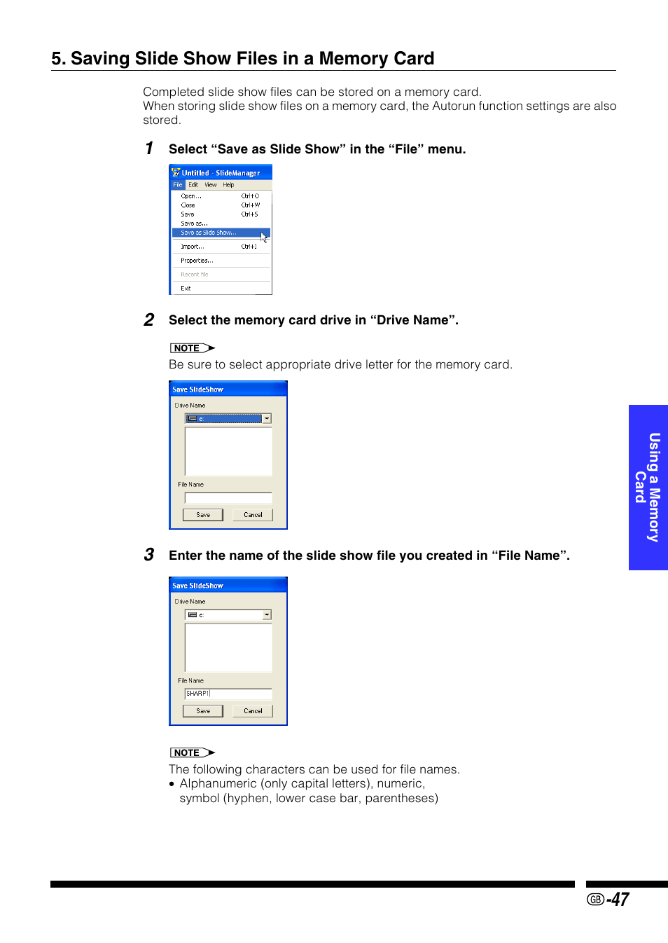 Saving slide show files in a memory card | Sharp PG-M25X User Manual | Page 47 / 62