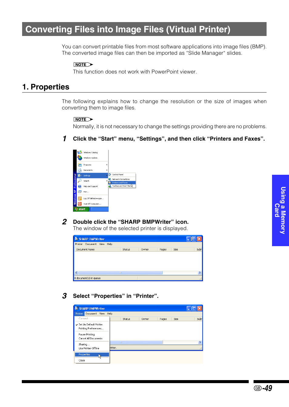 Properties, Virtual printer | Sharp PG-M25X User Manual | Page 49 / 62