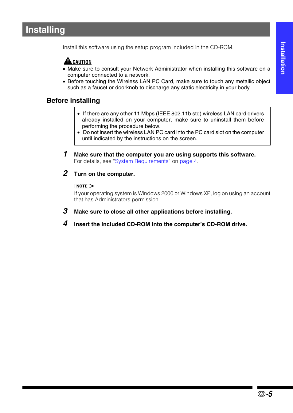 Installing, Sharp wireless lan pc card driver | Sharp PG-M25X User Manual | Page 5 / 62