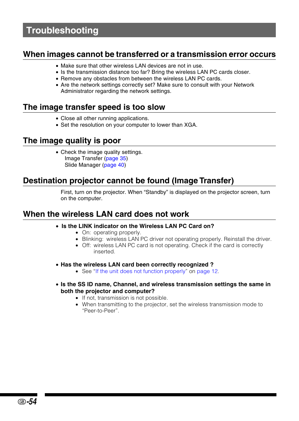 Troubleshooting, Roub, Leshooting | The image transfer speed is too slow, The image quality is poor, When the wireless lan card does not work | Sharp PG-M25X User Manual | Page 54 / 62