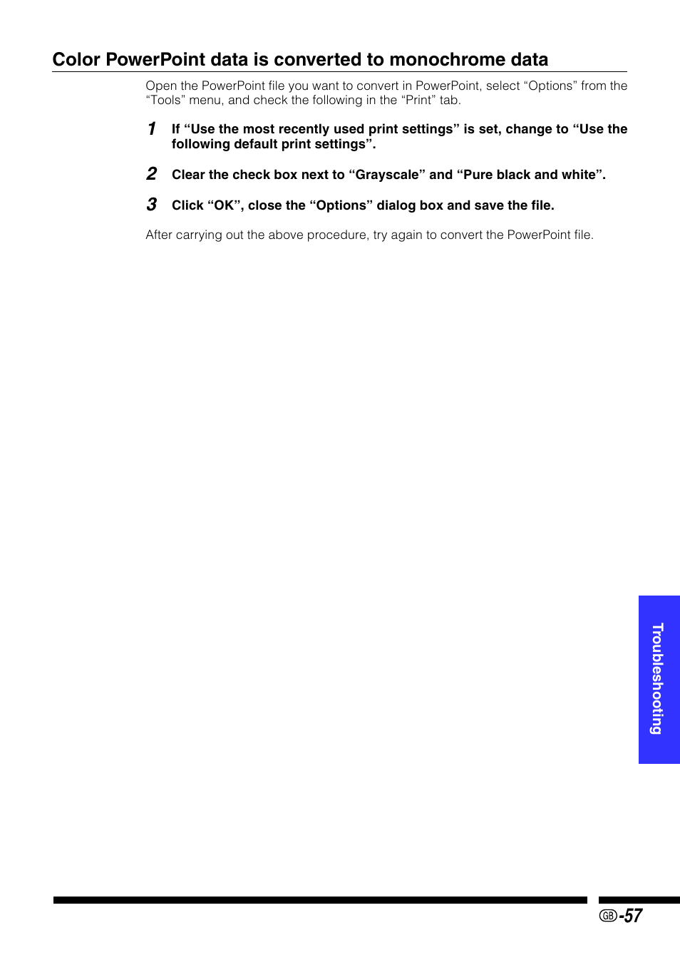 Color, Powerpoint data is converted to monochrome data | Sharp PG-M25X User Manual | Page 57 / 62