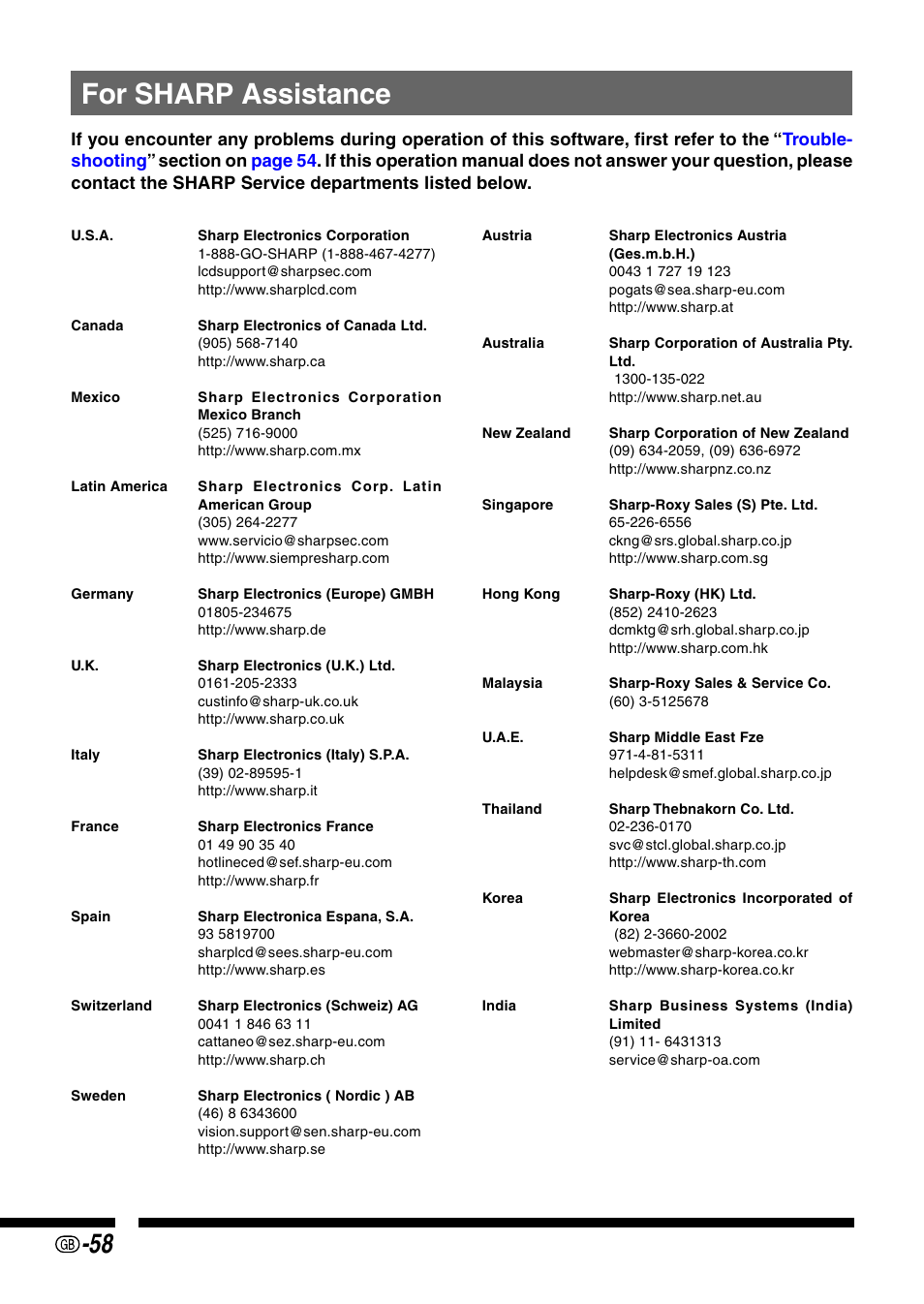For sharp assistance | Sharp PG-M25X User Manual | Page 58 / 62