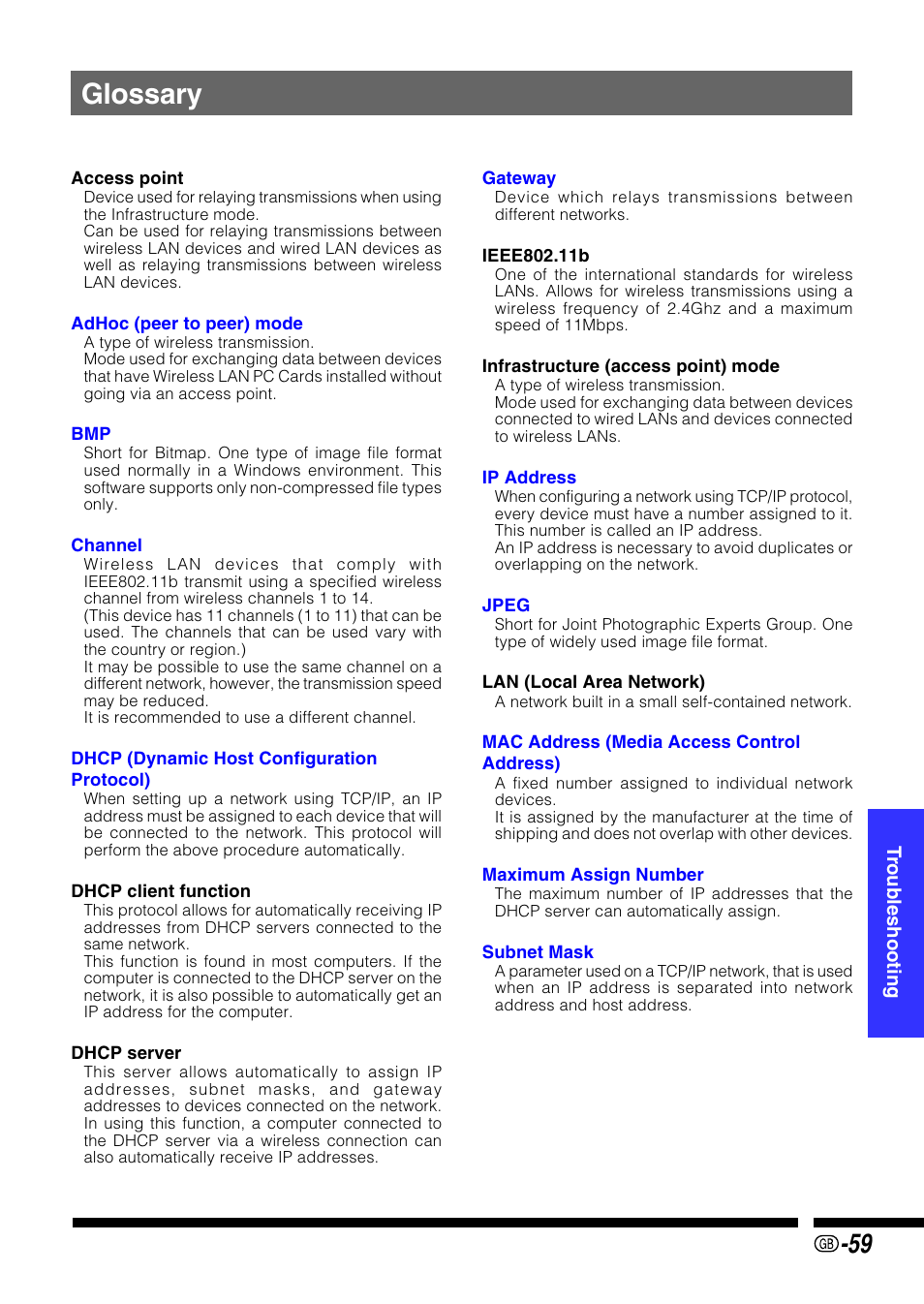 Glossary, Make sure to enable when using the, Dhcp | Server function in the projector, Ip address, Subnet mask, Gateway, Peer-to-peer, Jpeg files, Jpg or .jpeg | Sharp PG-M25X User Manual | Page 59 / 62