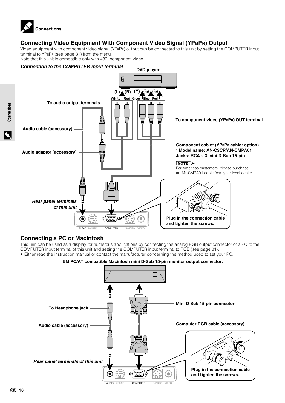 Output, Connecting a pc or macintosh, Connection to the computer input terminal | Sharp PG-M10X User Manual | Page 18 / 49