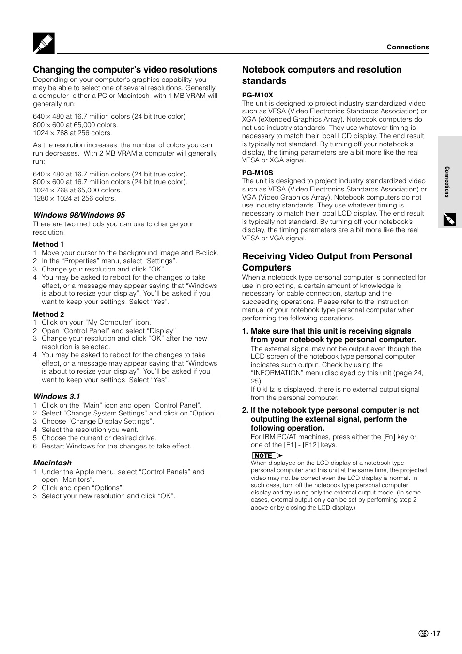 Changing the computer’s video resolutions, Receiving video output from personal computers | Sharp PG-M10X User Manual | Page 19 / 49