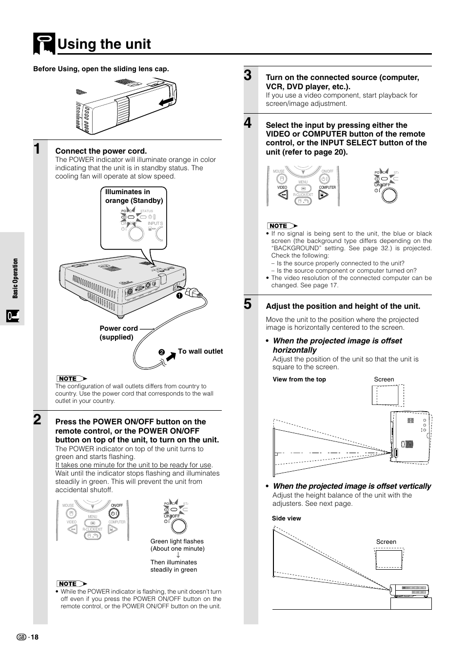 Using the unit, Adjust the position and height of the unit, When the projected image is offset horizontally | When the projected image is offset vertically, Connect the power cord, Before using, open the sliding lens cap | Sharp PG-M10X User Manual | Page 20 / 49
