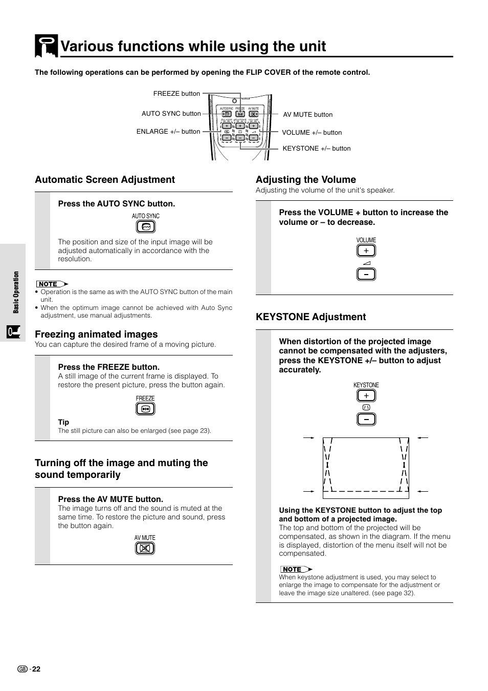 Various functions while using the unit, Automatic screen adjustment, Freezing animated images | Adjusting the volume, Keystone adjustment | Sharp PG-M10X User Manual | Page 24 / 49