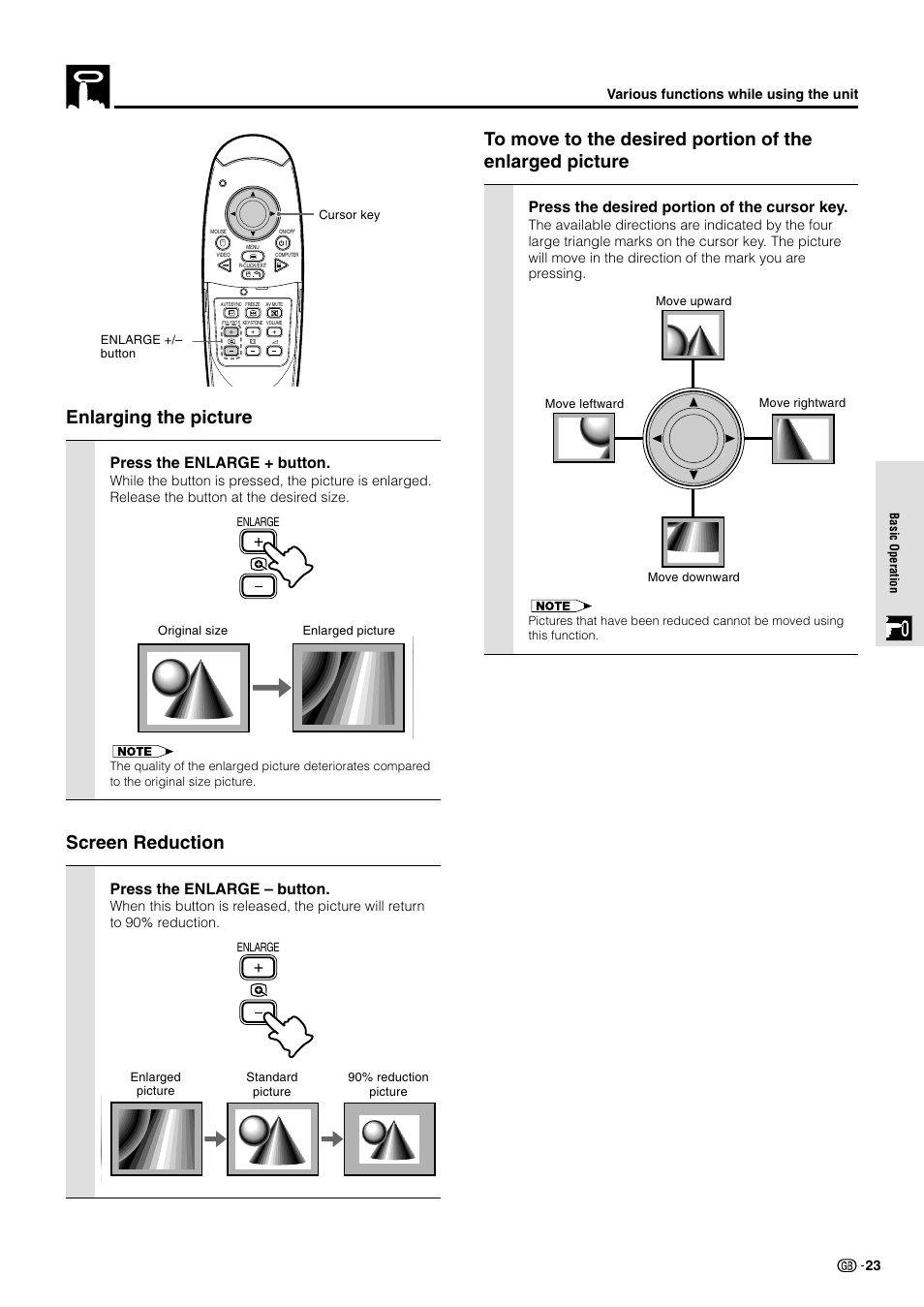 Enlarging the picture, Screen reduction, Press the enlarge + button | Press the enlarge – button, Press the desired portion of the cursor key | Sharp PG-M10X User Manual | Page 25 / 49