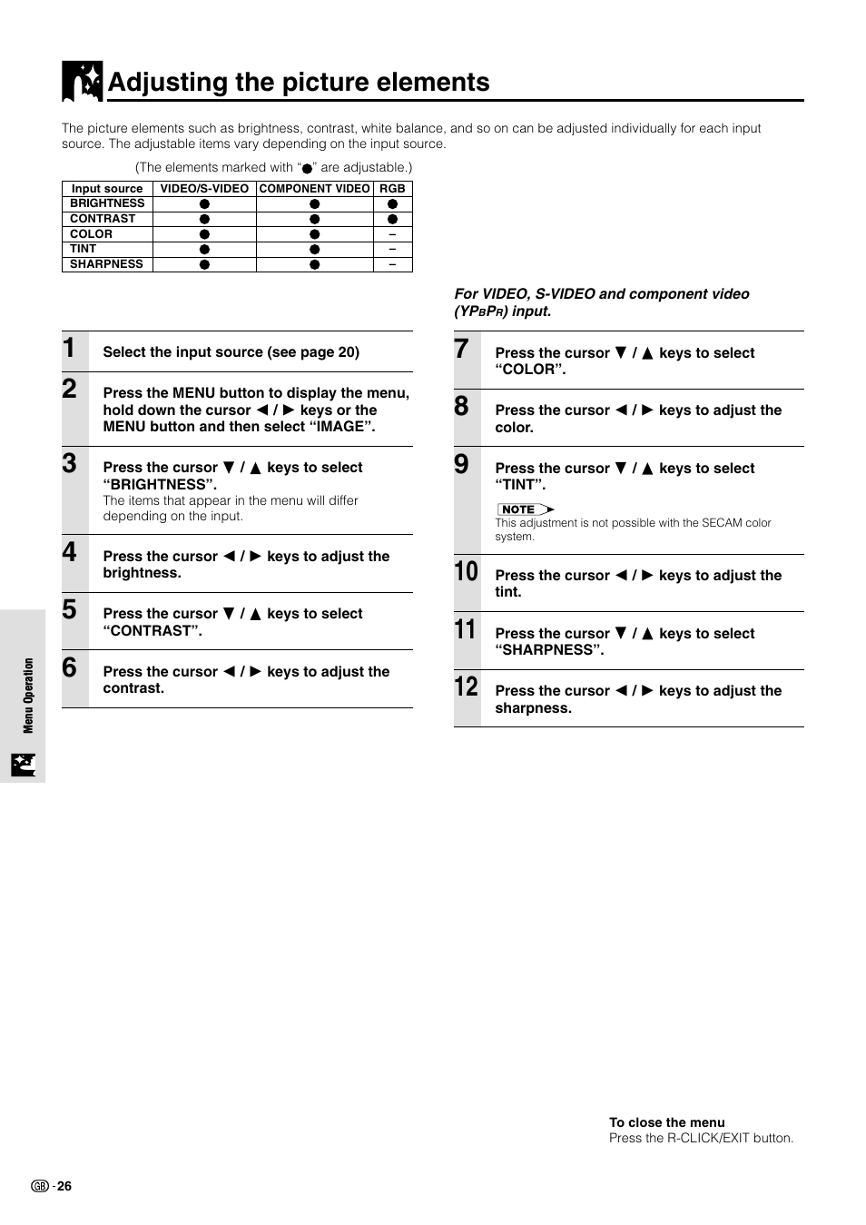 Adjusting the picture elements | Sharp PG-M10X User Manual | Page 28 / 49