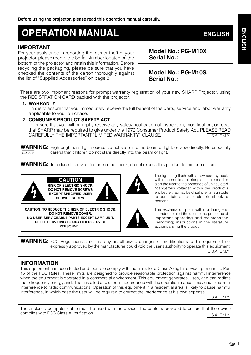 Operation manual, English model no.: pg-m10x serial no, Model no.: pg-m10s serial no | Important, Information, Warning | Sharp PG-M10X User Manual | Page 3 / 49