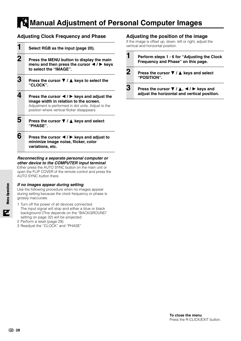 Manual adjustment of personal computer images | Sharp PG-M10X User Manual | Page 30 / 49
