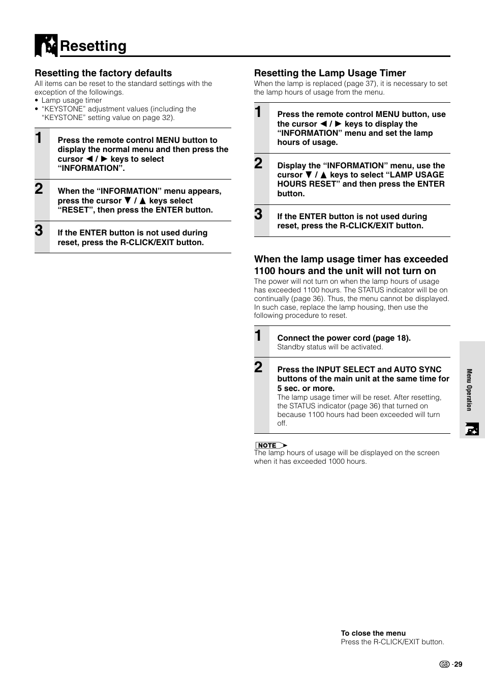 Resetting | Sharp PG-M10X User Manual | Page 31 / 49