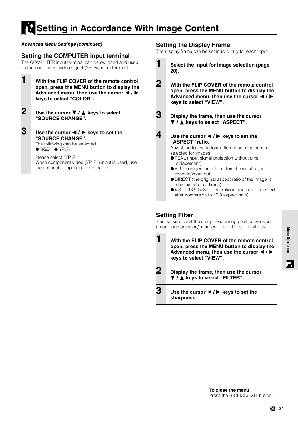 Setting in accordance with image content | Sharp PG-M10X User Manual | Page 33 / 49