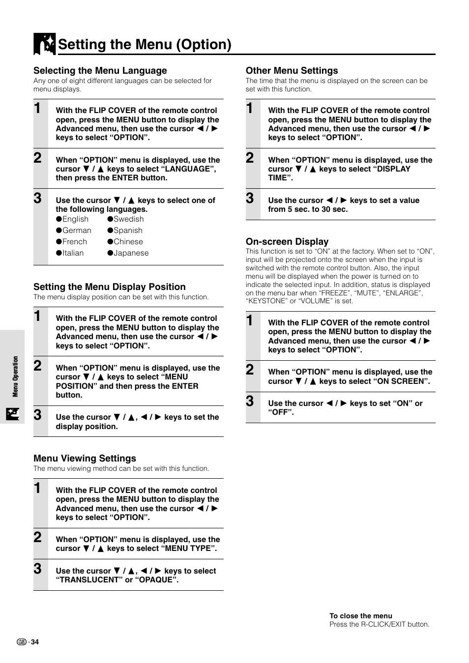 Setting the menu (option) | Sharp PG-M10X User Manual | Page 36 / 49