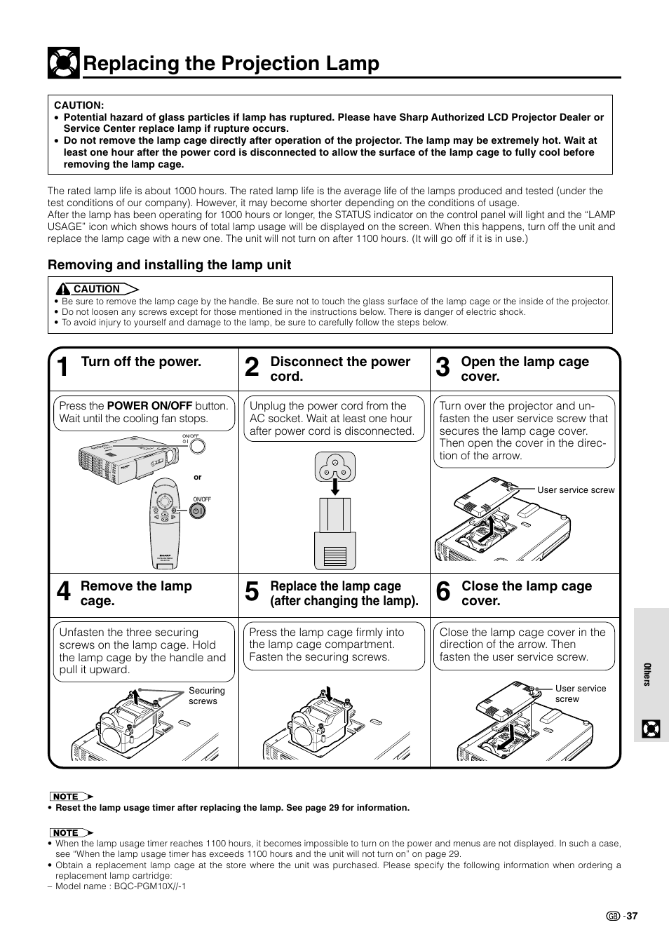 Replacing the projection lamp, Removing and installing the lamp unit, Remove the lamp cage | Replace the lamp cage (after changing the lamp), Turn off the power, Disconnect the power cord | Sharp PG-M10X User Manual | Page 39 / 49