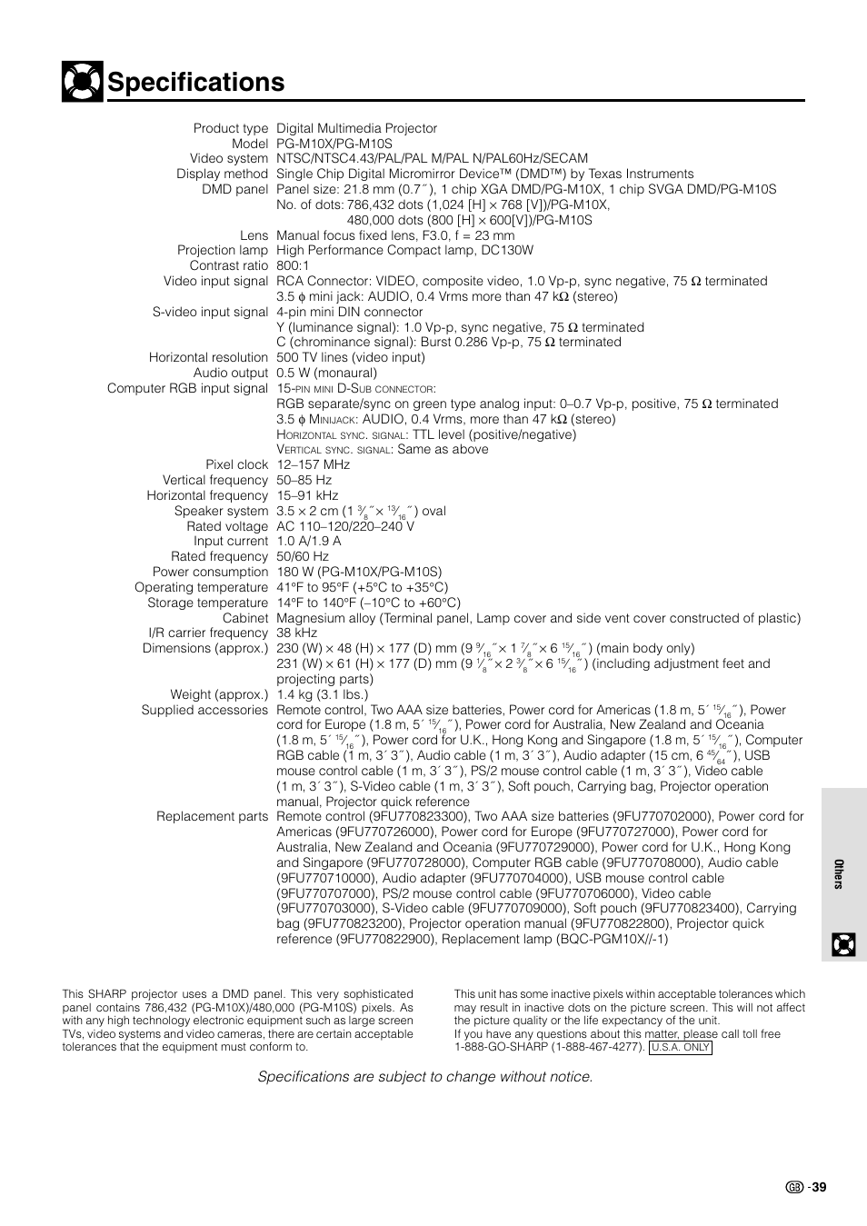 Specifications | Sharp PG-M10X User Manual | Page 41 / 49