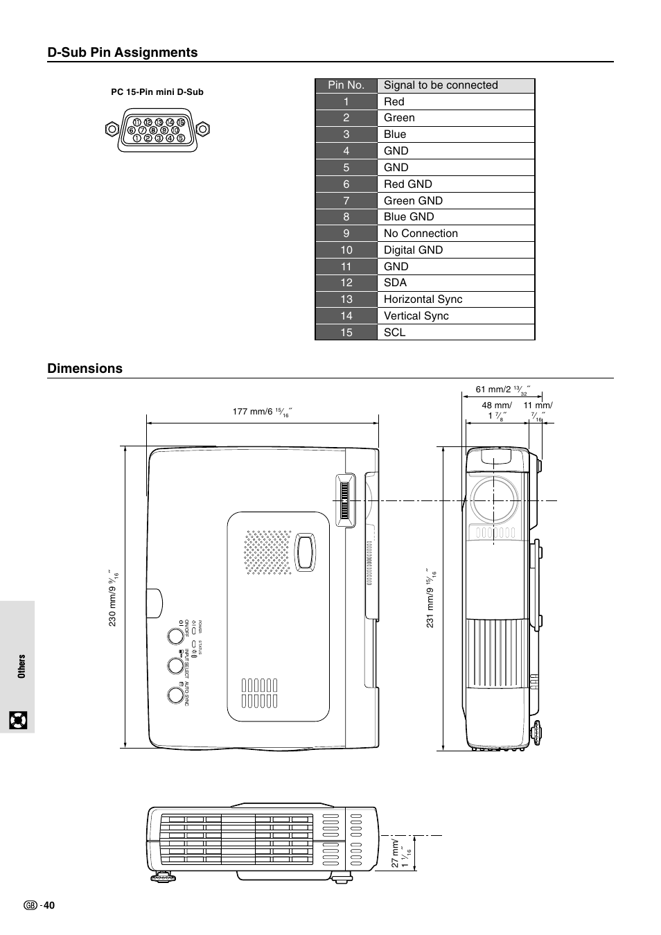 Dimensions d-sub pin assignments | Sharp PG-M10X User Manual | Page 42 / 49