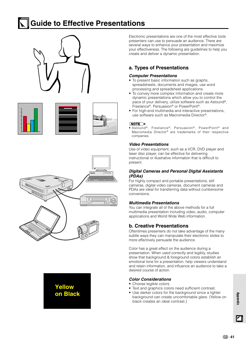 Guide to effective presentations, Yellow on black, A. types of presentations | B. creative presentations, Computer presentations, Video presentations, Multimedia presentations, Color considerations, Freelance, Persuasion | Sharp PG-M10X User Manual | Page 43 / 49