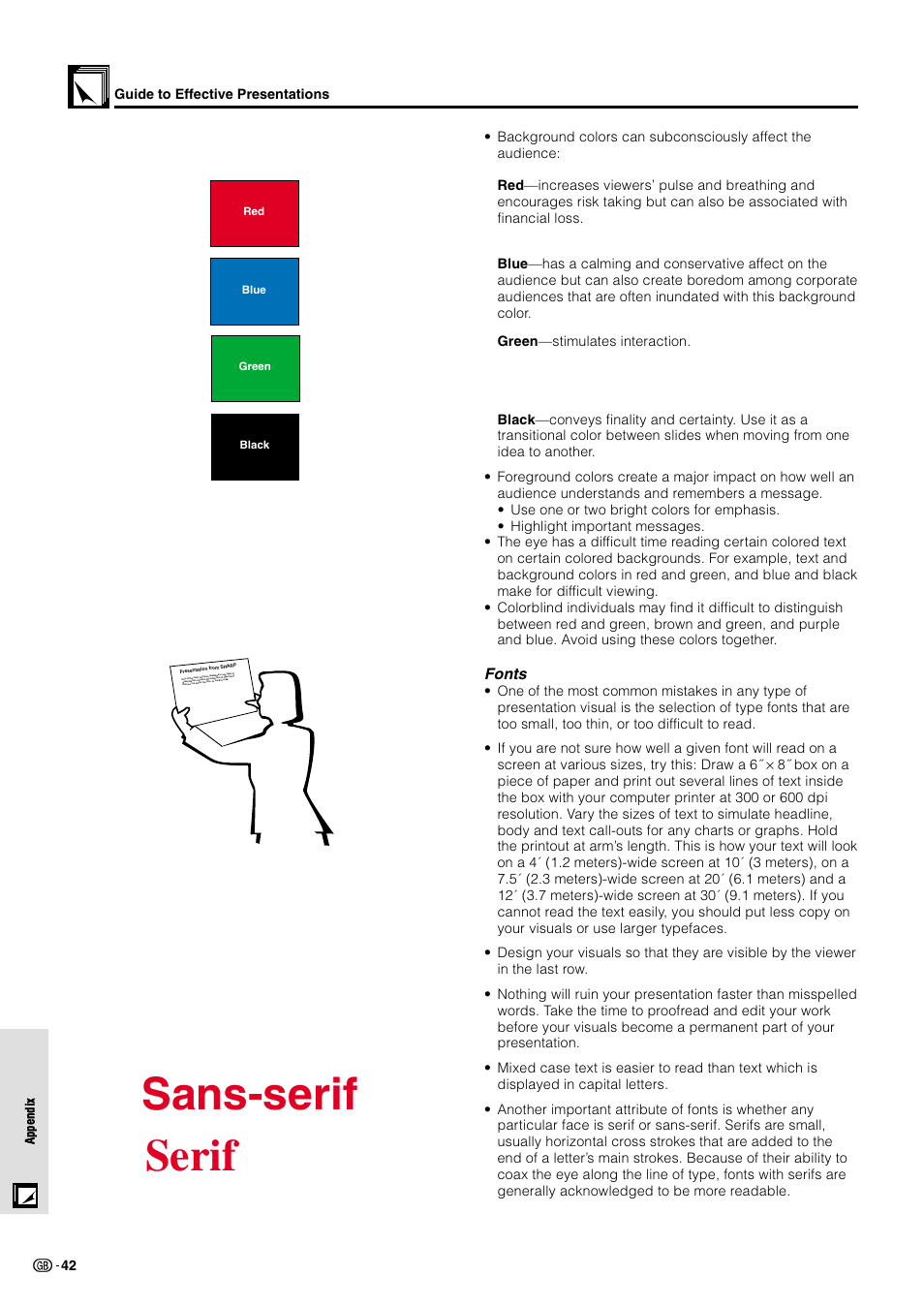 Sans-serif serif, Fonts | Sharp PG-M10X User Manual | Page 44 / 49