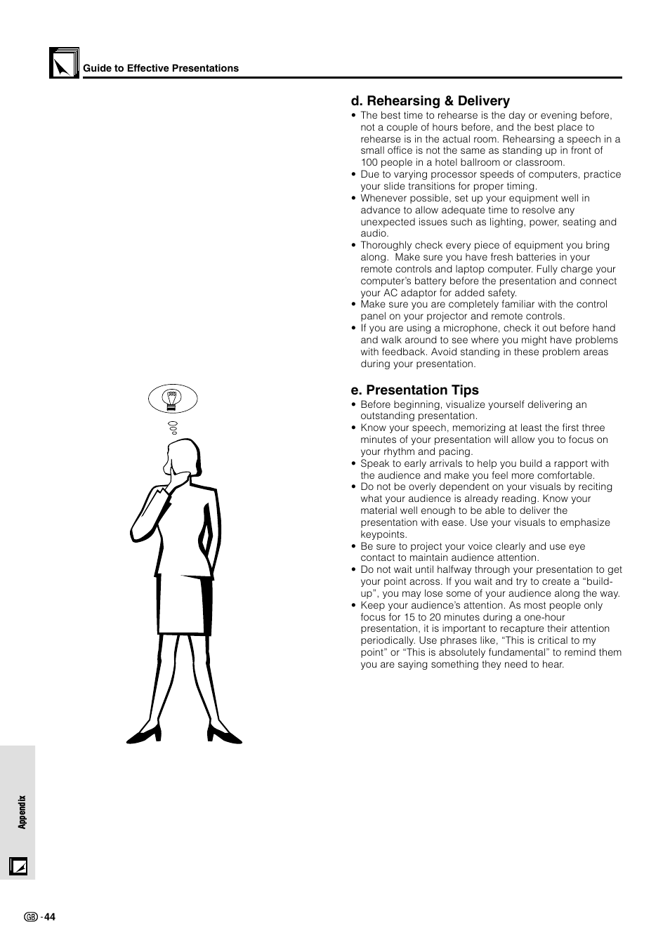 D. rehearsing & delivery, E. presentation tips | Sharp PG-M10X User Manual | Page 46 / 49
