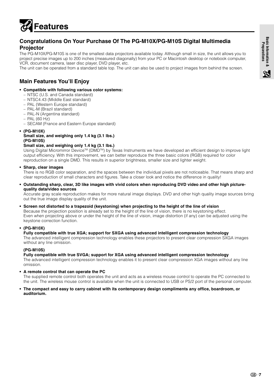 Features, Main features you’ll enjoy | Sharp PG-M10X User Manual | Page 9 / 49