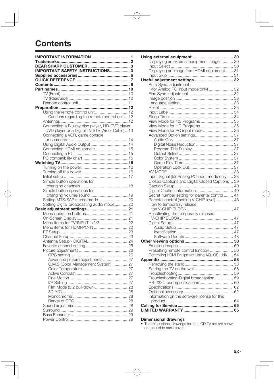 Sharp Aquos LC 65D64U User Manual | Page 11 / 70
