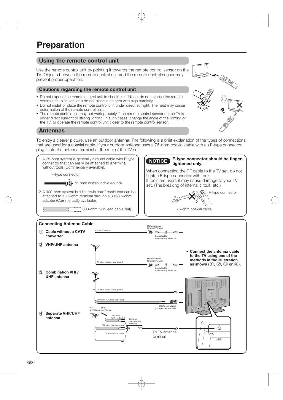 Preparation, Using the remote control unit, Cautions regarding the remote control unit | Antennas, Notice | Sharp Aquos LC 65D64U User Manual | Page 14 / 70