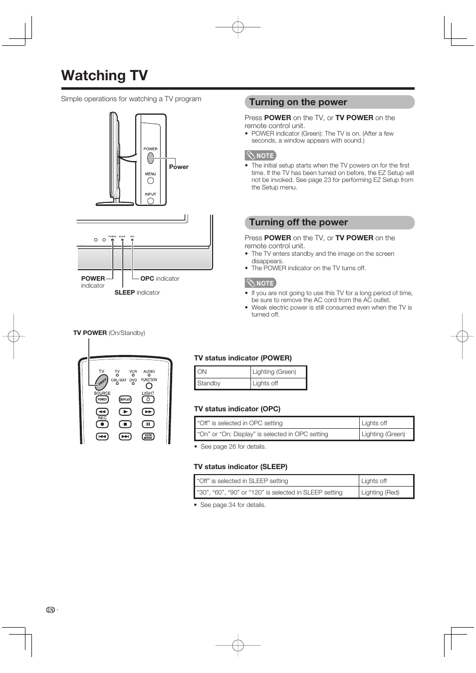 Watching tv, Turning on the power, Turning off the power | Sharp Aquos LC 65D64U User Manual | Page 18 / 70