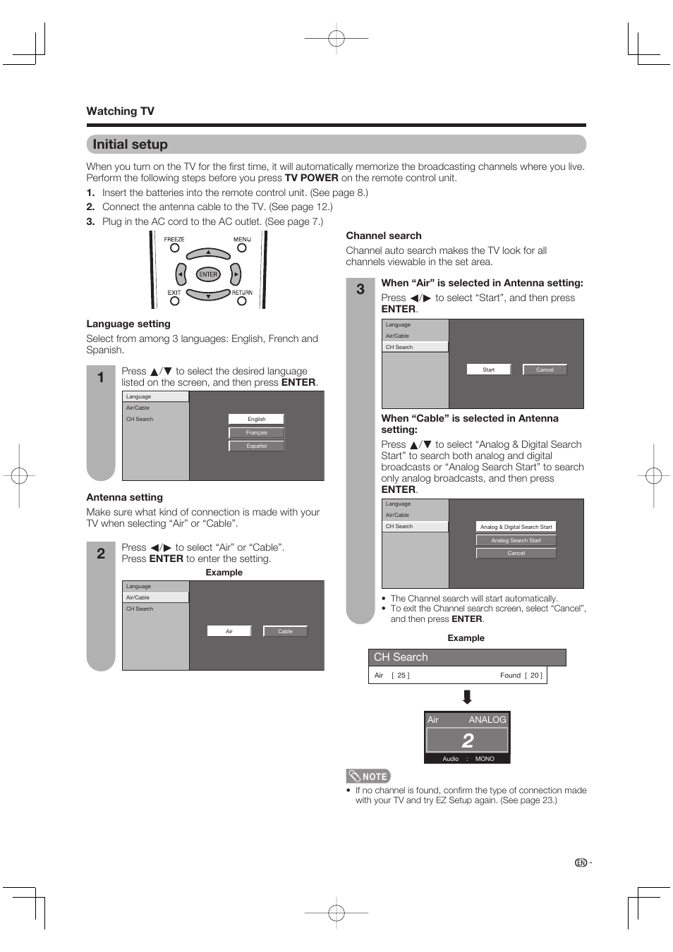 Initial setup, Watching tv | Sharp Aquos LC 65D64U User Manual | Page 19 / 70