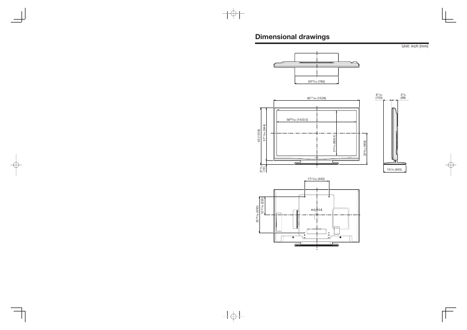 Dimensional drawings, Unit: inch (mm) | Sharp Aquos LC 65D64U User Manual | Page 2 / 70