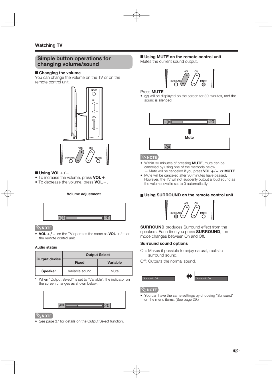 Simple button operations for changing volume/sound | Sharp Aquos LC 65D64U User Manual | Page 21 / 70