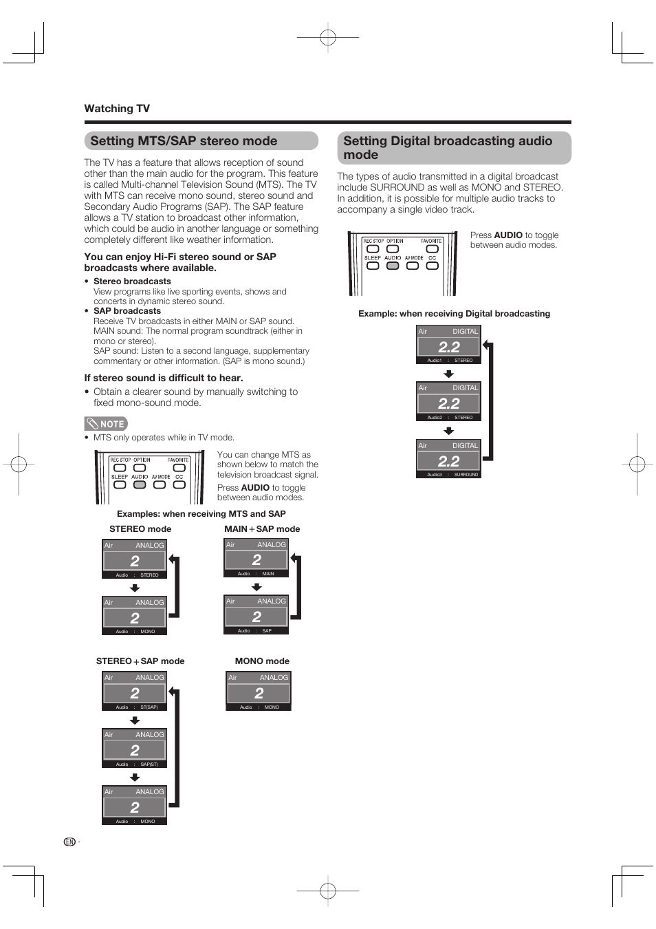 Setting mts/sap stereo mode, Setting digital broadcasting audio mode, Watching tv | Sharp Aquos LC 65D64U User Manual | Page 22 / 70