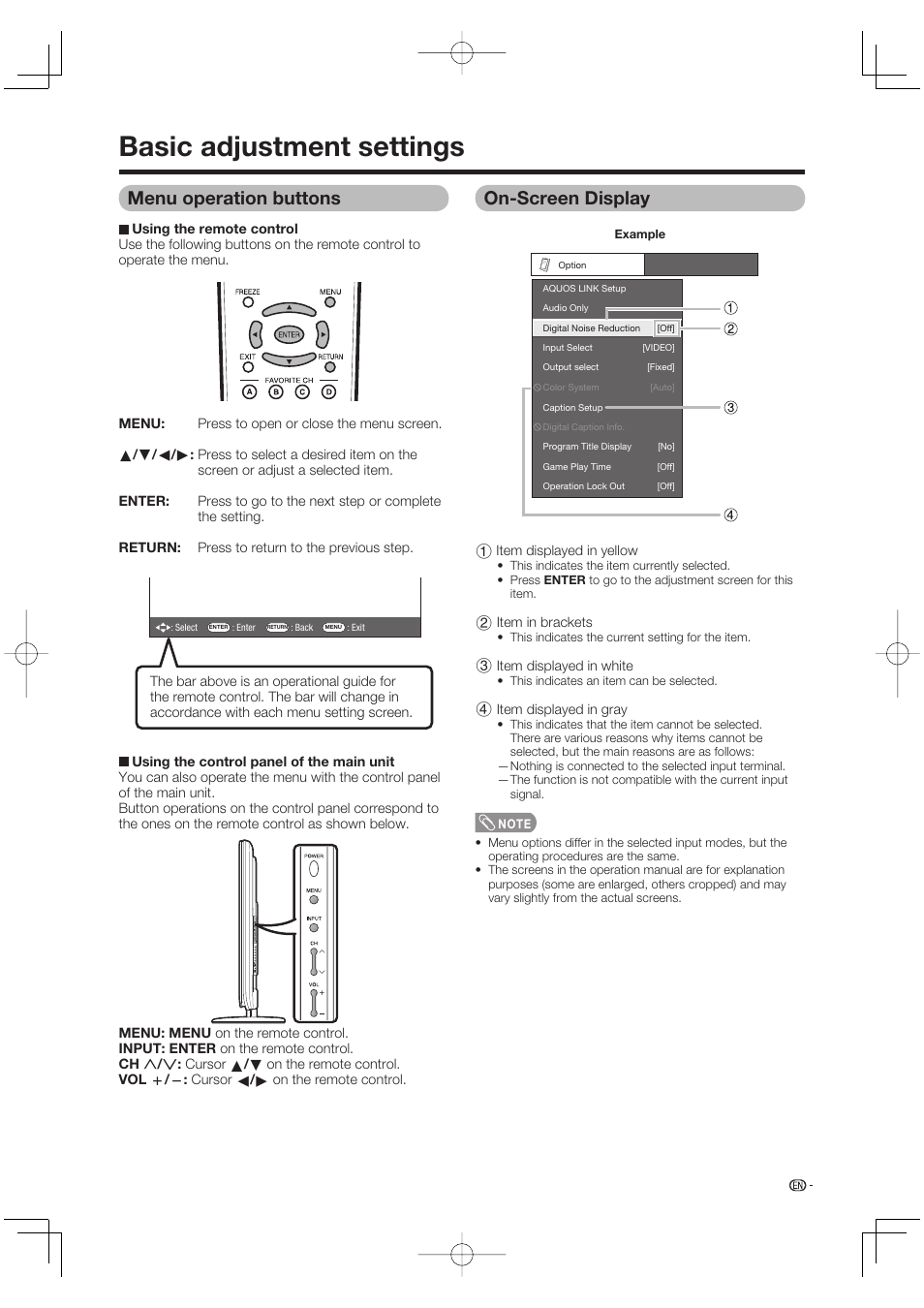 Basic adjustment settings, Menu operation buttons, On-screen display | Sharp Aquos LC 65D64U User Manual | Page 23 / 70