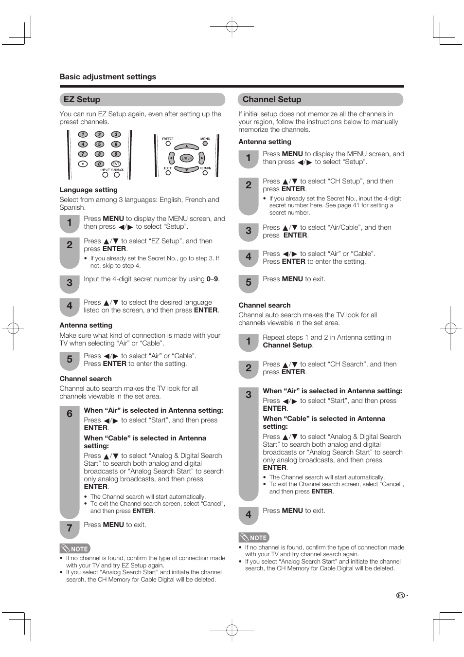 Ez setup, Channel setup | Sharp Aquos LC 65D64U User Manual | Page 25 / 70