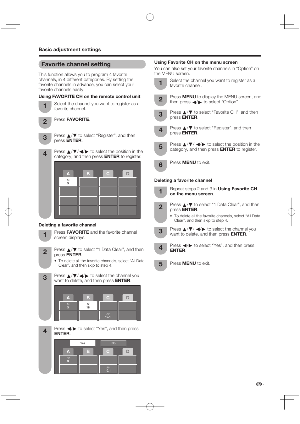 Favorite channel setting | Sharp Aquos LC 65D64U User Manual | Page 27 / 70