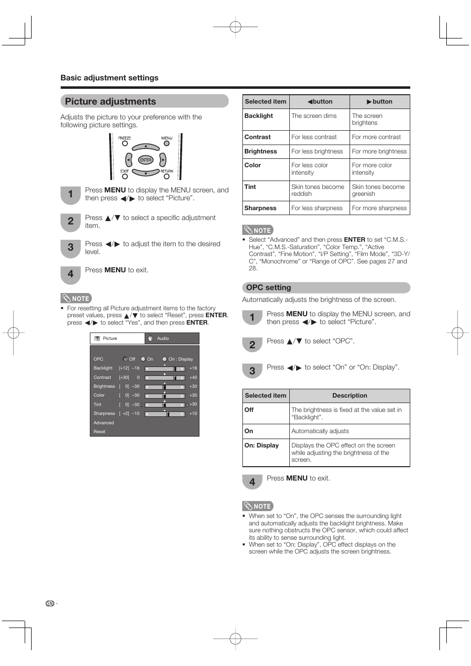 Picture adjustments, Opc setting, Basic adjustment settings | Sharp Aquos LC 65D64U User Manual | Page 28 / 70