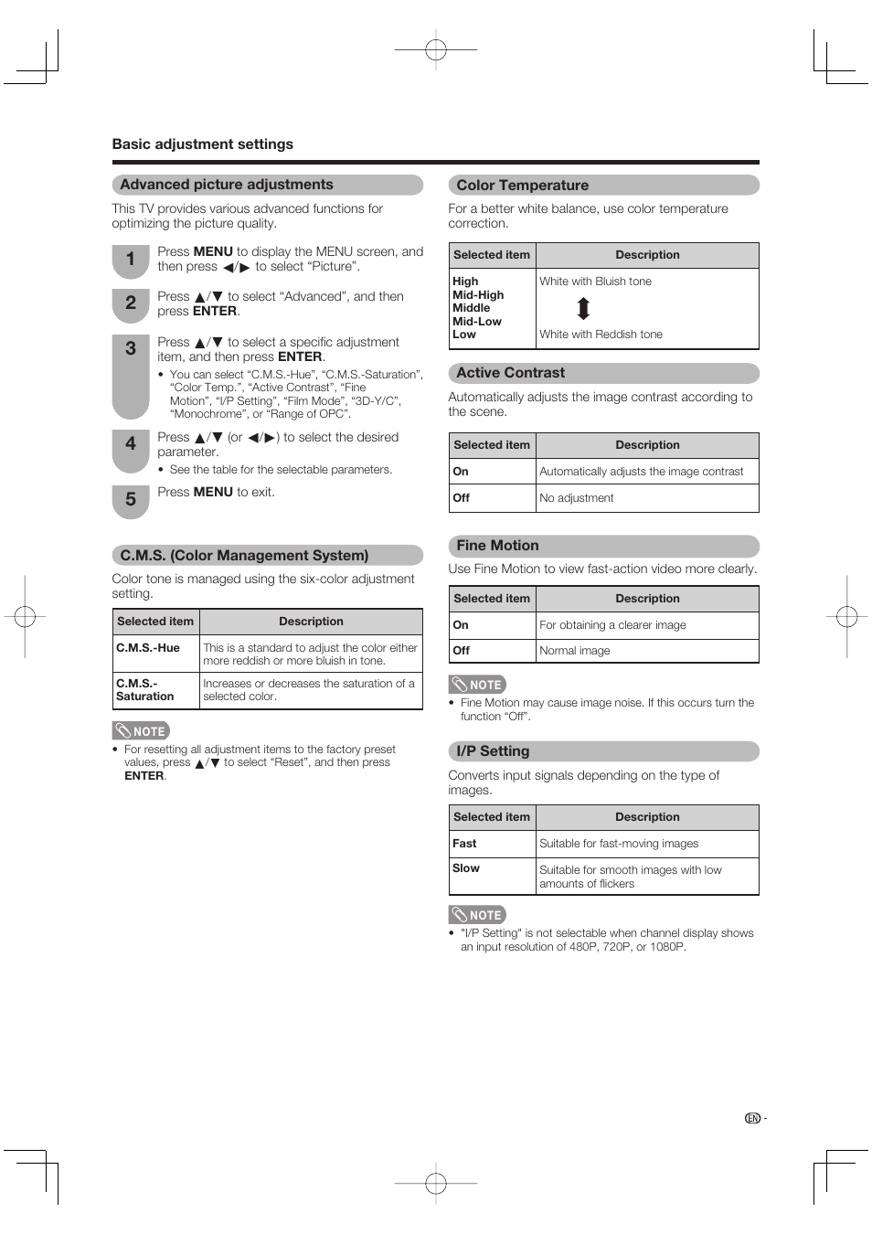 Advanced picture adjustments, C.m.s. (color management system), Color temperature | Active contrast, Fine motion, I/p setting | Sharp Aquos LC 65D64U User Manual | Page 29 / 70