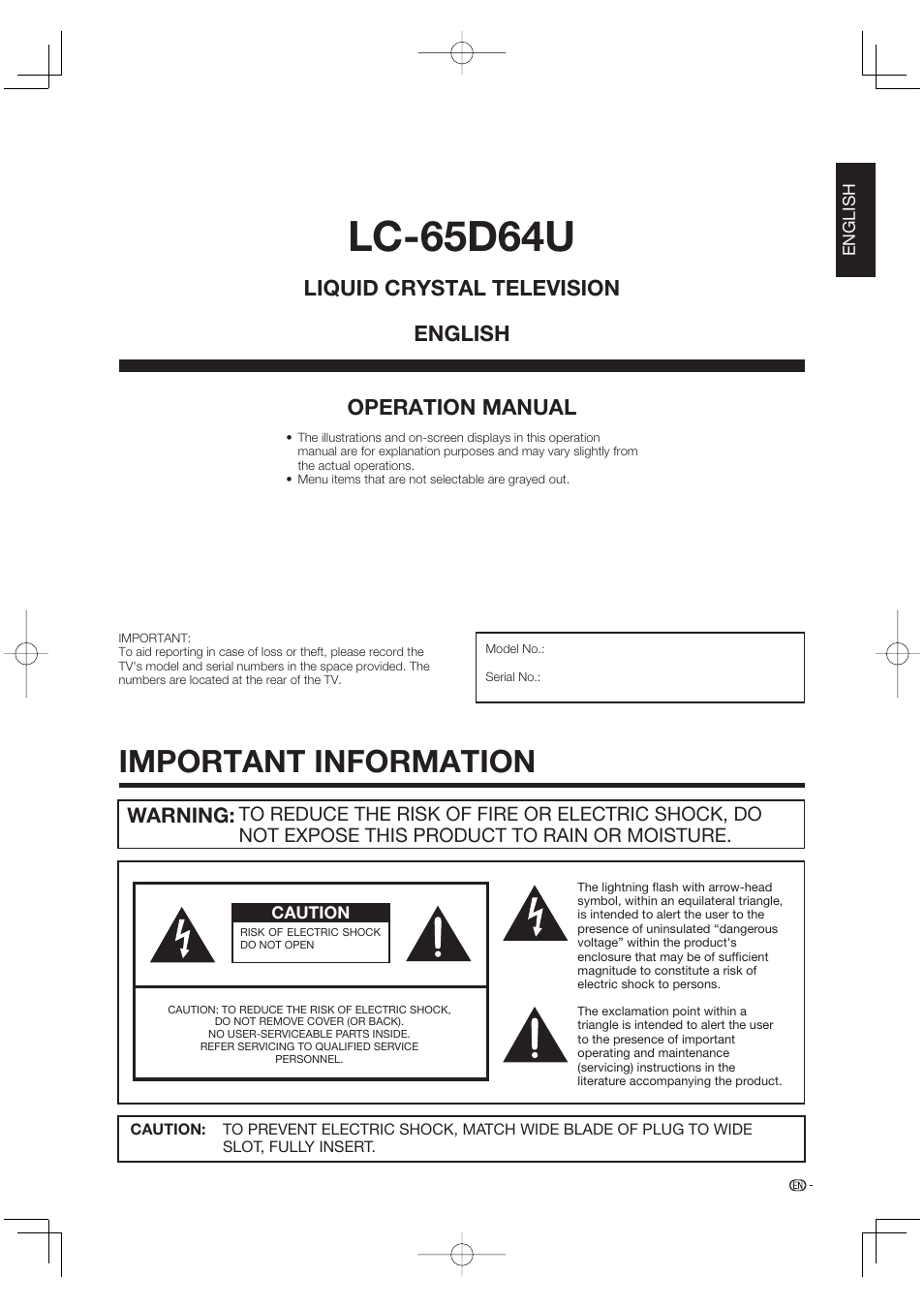 Important information, Lc-65d64u, Operation manual | Liquid crystal television english, Warning | Sharp Aquos LC 65D64U User Manual | Page 3 / 70