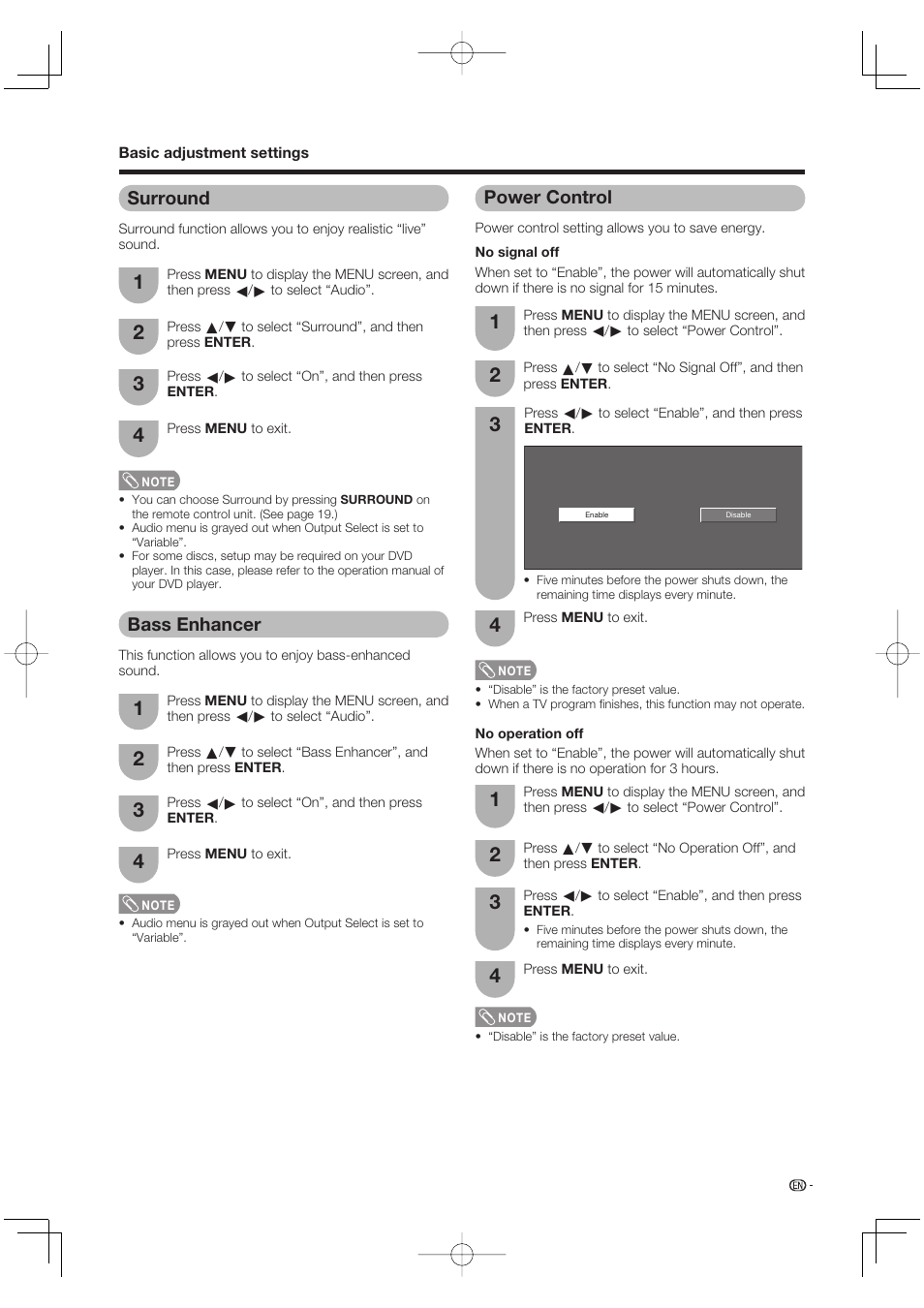 Surround, Bass enhancer, Power control | Sharp Aquos LC 65D64U User Manual | Page 31 / 70