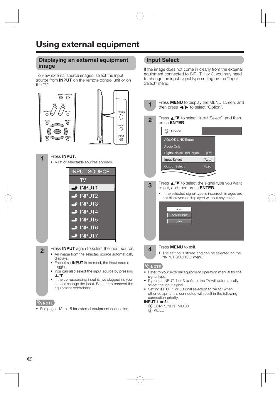Using external equipment, Displaying an external equipment image, Input select | Sharp Aquos LC 65D64U User Manual | Page 32 / 70