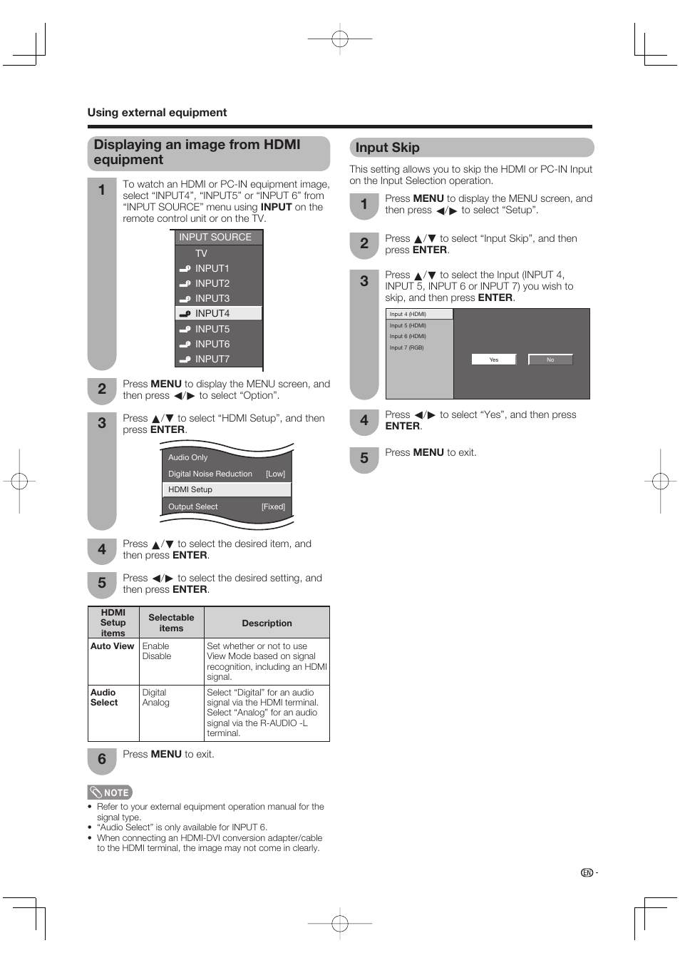 Displaying an image from hdmi equipment, Input skip | Sharp Aquos LC 65D64U User Manual | Page 33 / 70