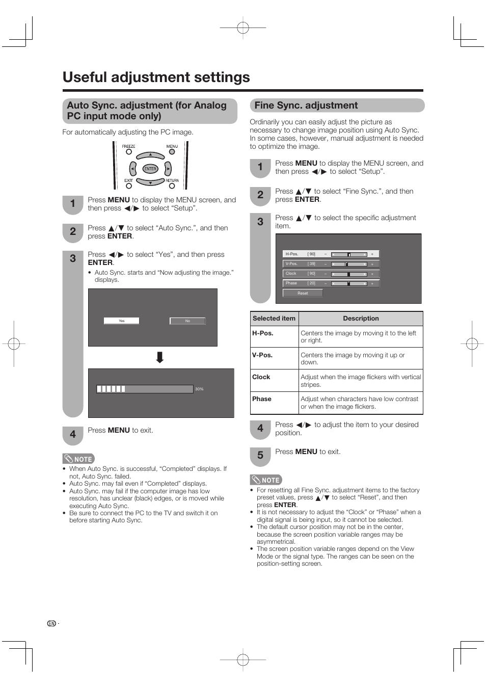 Useful adjustment settings, Fine sync. adjustment | Sharp Aquos LC 65D64U User Manual | Page 34 / 70
