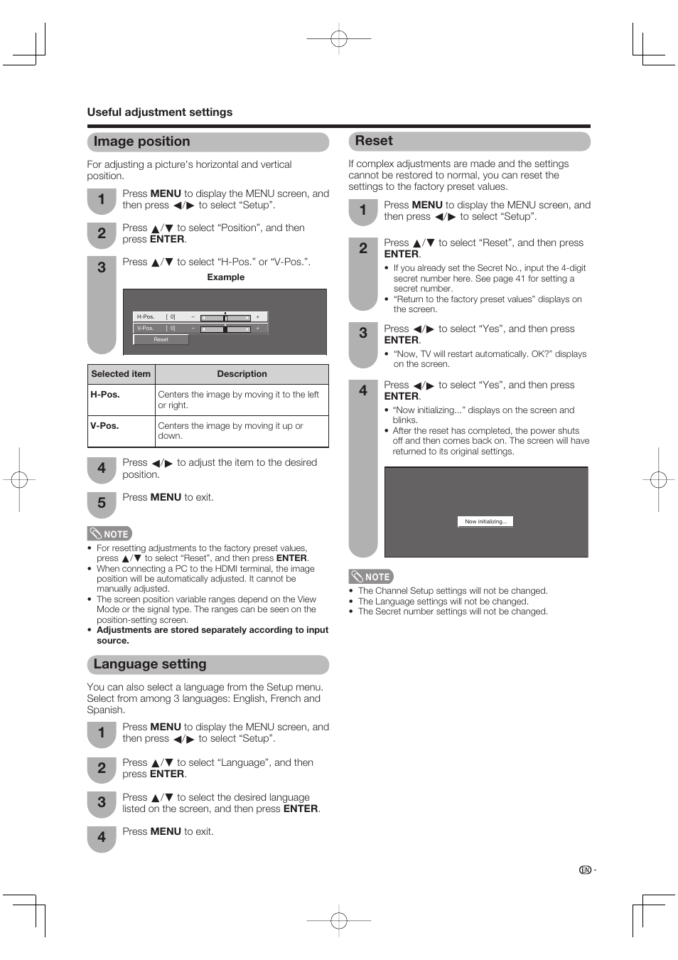 Image position, Language setting, Reset | Sharp Aquos LC 65D64U User Manual | Page 35 / 70
