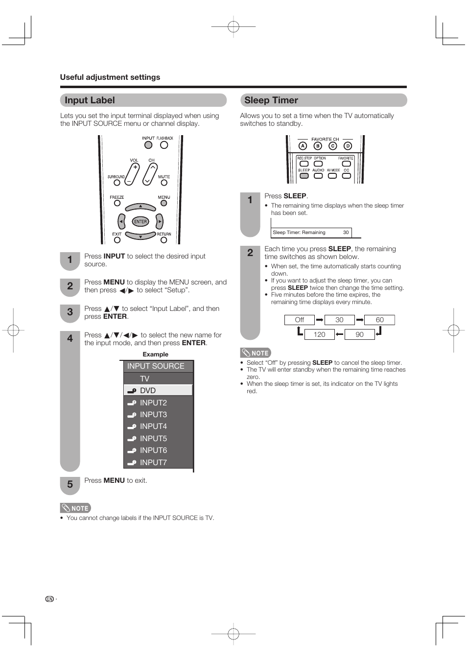 Input label, Sleep timer | Sharp Aquos LC 65D64U User Manual | Page 36 / 70