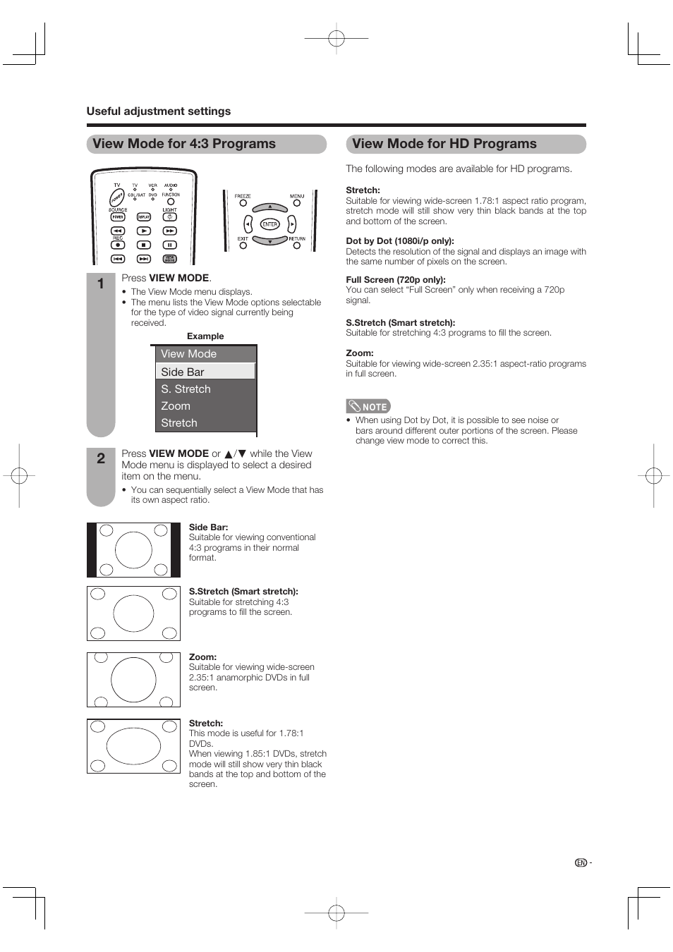 View mode for 4:3 programs, View mode for hd programs | Sharp Aquos LC 65D64U User Manual | Page 37 / 70