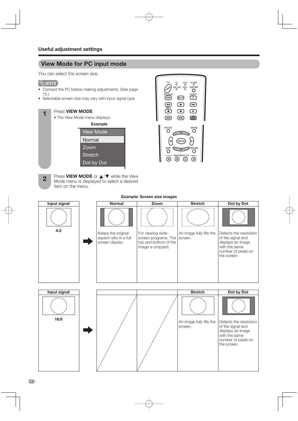 View mode for pc input mode | Sharp Aquos LC 65D64U User Manual | Page 38 / 70