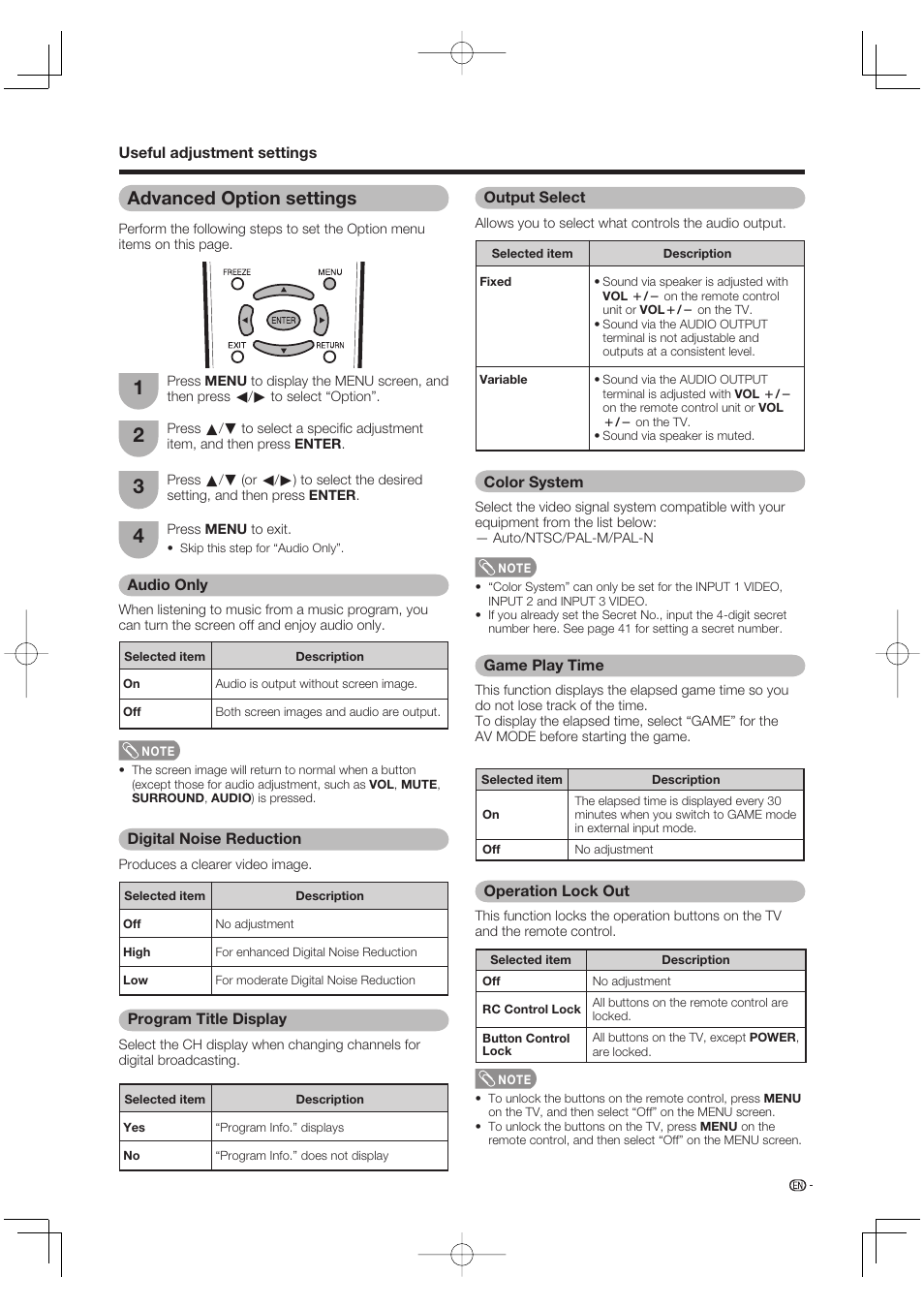 Advanced option settings, Audio only, Digital noise reduction | Program title display, Output select, Color system, Game play time, Operation lock out | Sharp Aquos LC 65D64U User Manual | Page 39 / 70