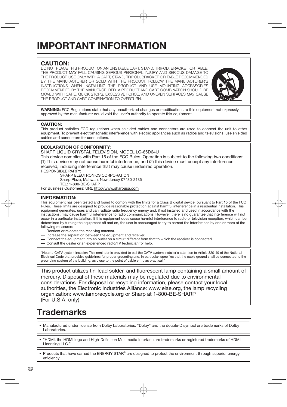 Trademarks, Important information, Caution | Sharp Aquos LC 65D64U User Manual | Page 4 / 70